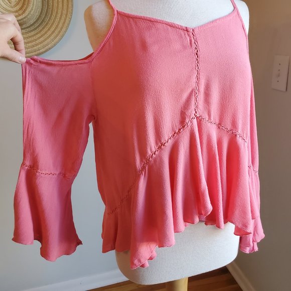 Cold Shoulder Pink Top with Embroidery and Ruffle - Picture 2 of 5